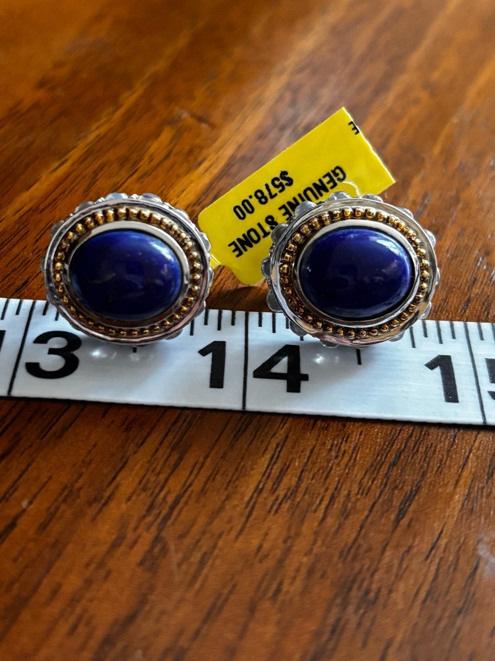 Sterling Silver Oval Blue Genuine Lapis Stud Earrings with Gold Accents